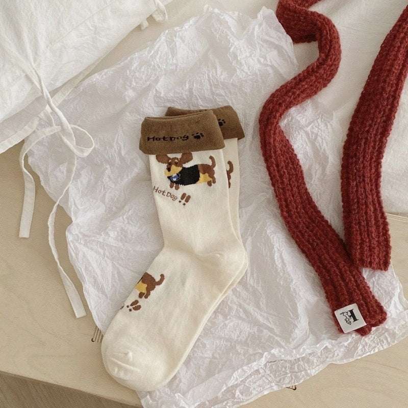 Autumn And Winter Puppy Embroidery Tube Socks Flanging Cartoon Sausage Dog Vertical Bar Bunching Socks - globaltradeleader