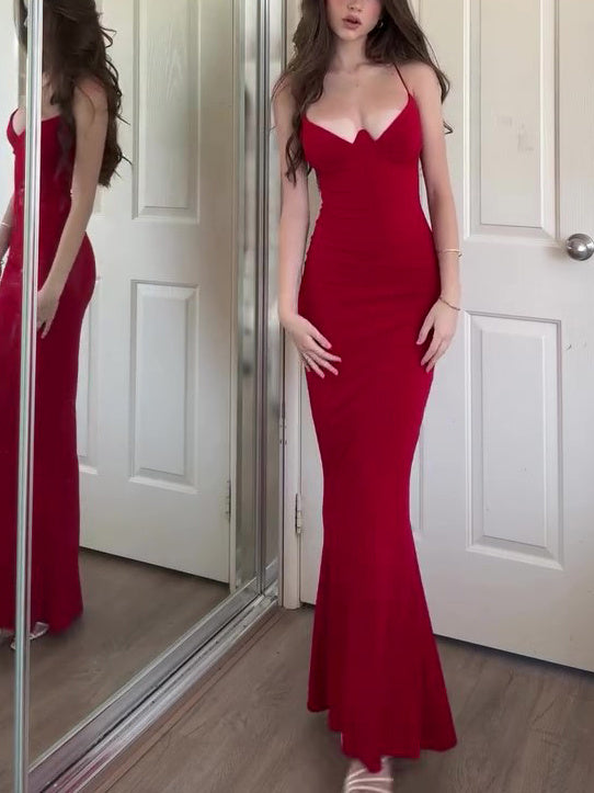 Red Sexy Tight V-neck Maxi Dress - globaltradeleader