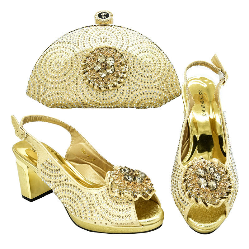 Block Heel Buckle Sandals With Rhinestone Bag - globaltradeleader