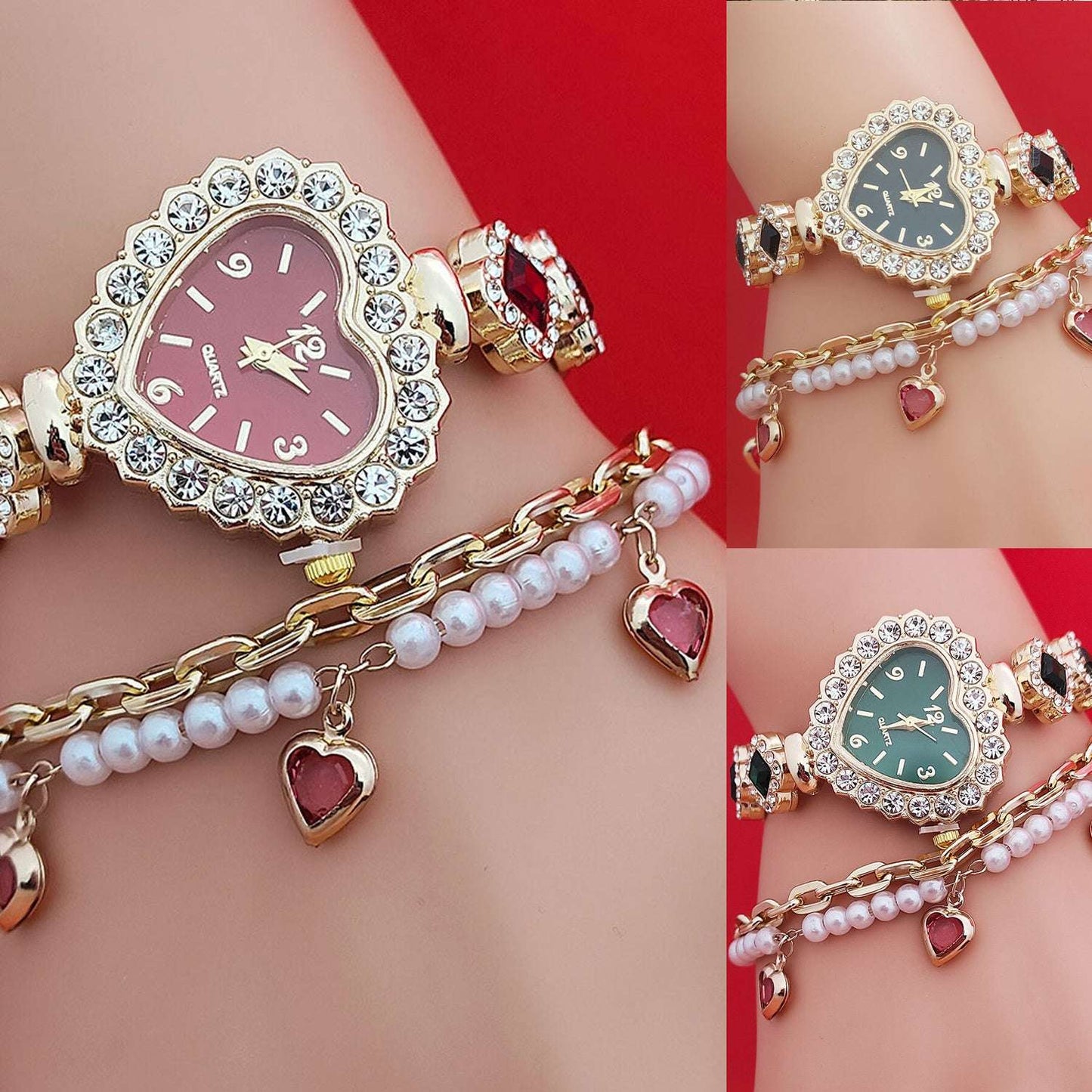Fashion Love Shape Bracelet Watch Set Diamond Colored Heart Quartz Watch Women's Fashion Jewelry Set Valentine's Day Gift - globaltradeleader