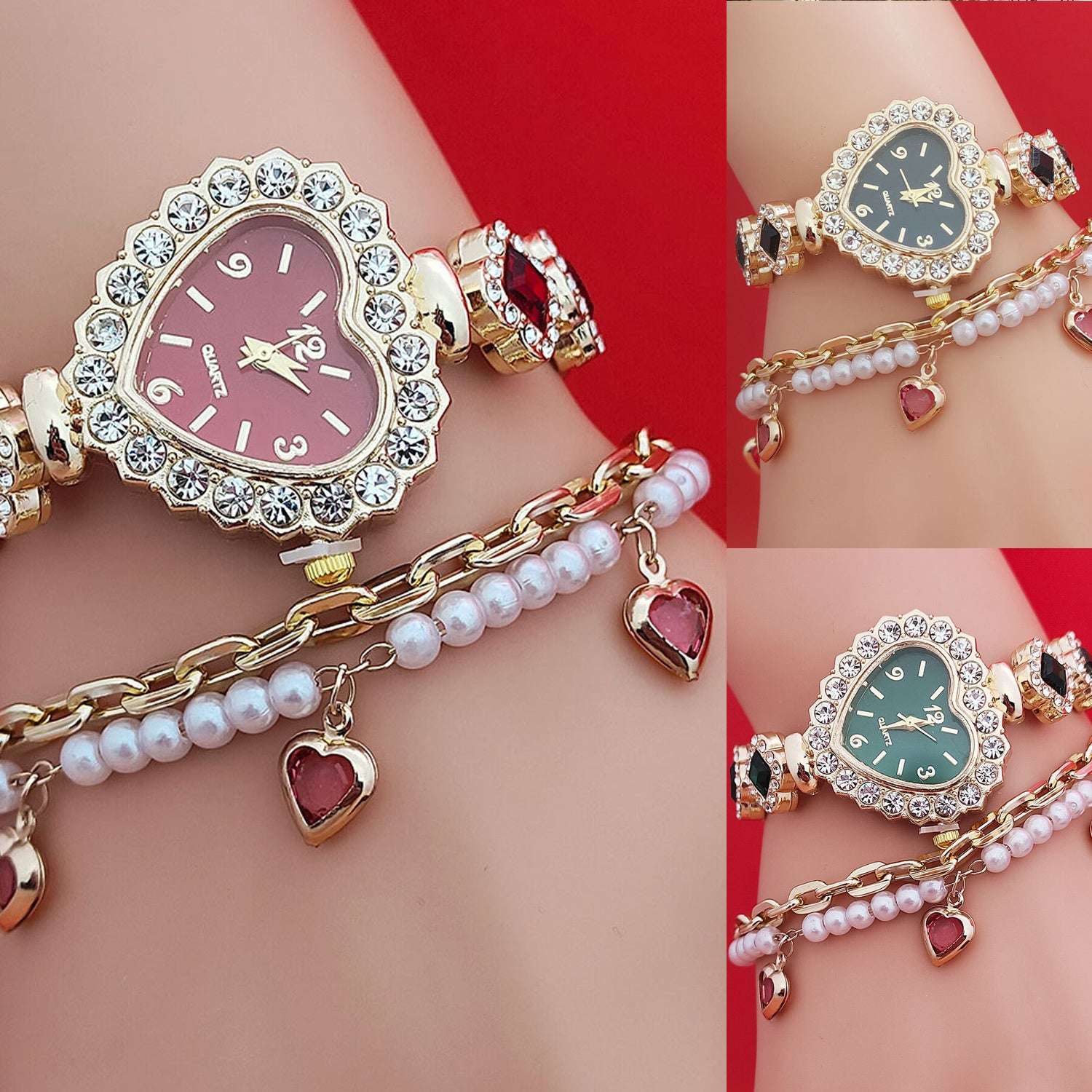 Fashion Love Shape Bracelet Watch Set Diamond Colored Heart Quartz Watch Women's Fashion Jewelry Set Valentine's Day Gift - globaltradeleader