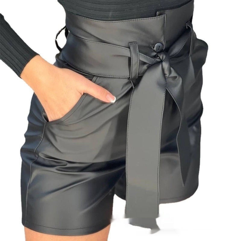 High Waist Black Strap Slim Fit Pu Shorts Belted - globaltradeleader