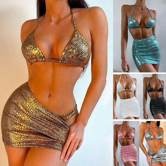 Women's 3 Piece Bathing Suits Halter Snake Pattern Bikini Set With Cover Up Skirt Summer Swimsuit - globaltradeleader