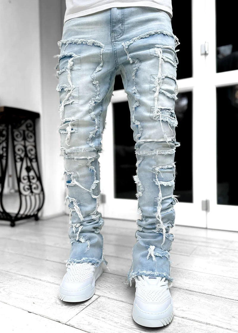 Men Trousers Individual Patched Pants Long Tight Fit Stacked Jeans For Mens Clothing - globaltradeleader