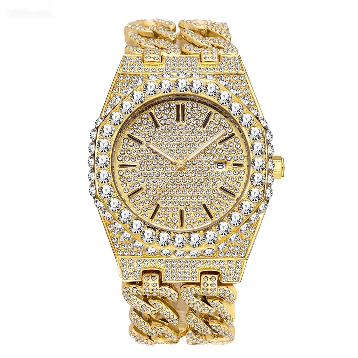 Men's Hip Hop Iced Diamond Fashion Cuban Link Chain Quartz Clock - globaltradeleader