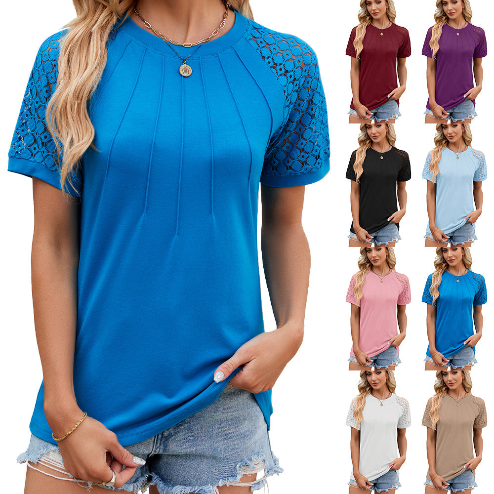 Solid Color Round Neck Top Women's Lace Hollow Design Short Sleeve T-Shirt Summer Womens Clothing - globaltradeleader