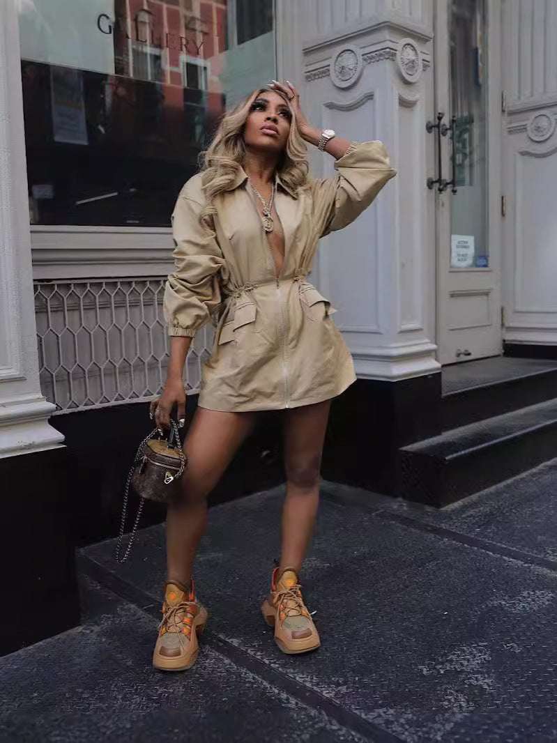 Drawstring Waist Mid-length Trench Coat For Women - globaltradeleader