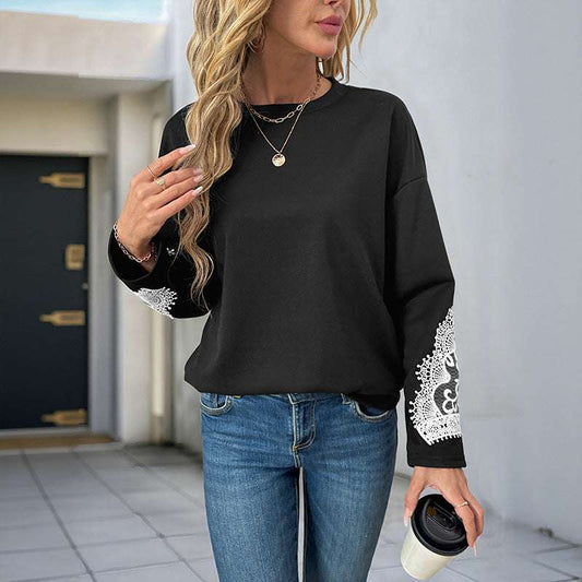 Women's Lace Stitching Round Neck Pullover Top - globaltradeleader