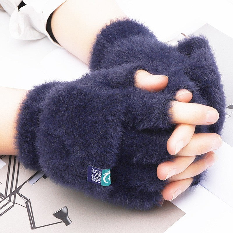 Plush Gloves Female Winter Warm Student Exposed Finger Flip Gloves Household - globaltradeleader