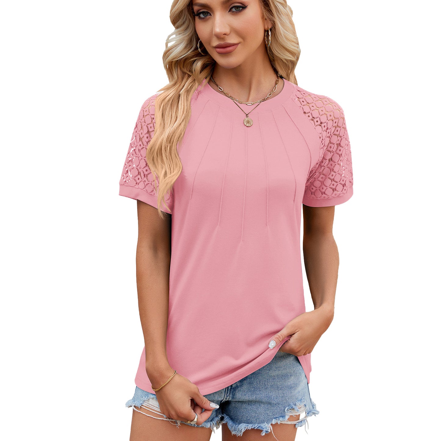 Solid Color Round Neck Top Women's Lace Hollow Design Short Sleeve T-Shirt Summer Womens Clothing - globaltradeleader