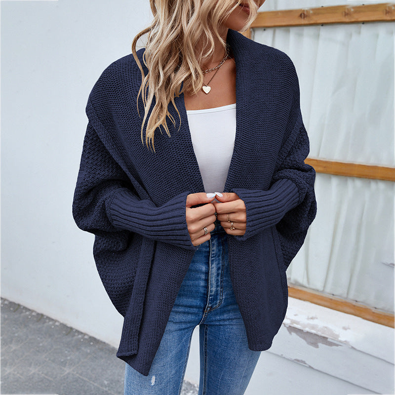 New Loose Knitted Sweater Solid Color Bat Sleeve Large Lapel Cardigan Autumn And Winter Fashion Jacket For Women Clothing - globaltradeleader