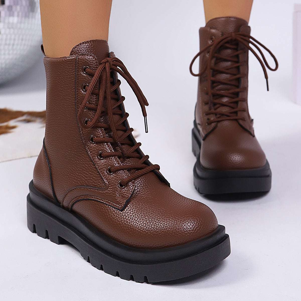 Women's Lace Up Round Toe Platform Leather Martin Boots - globaltradeleader