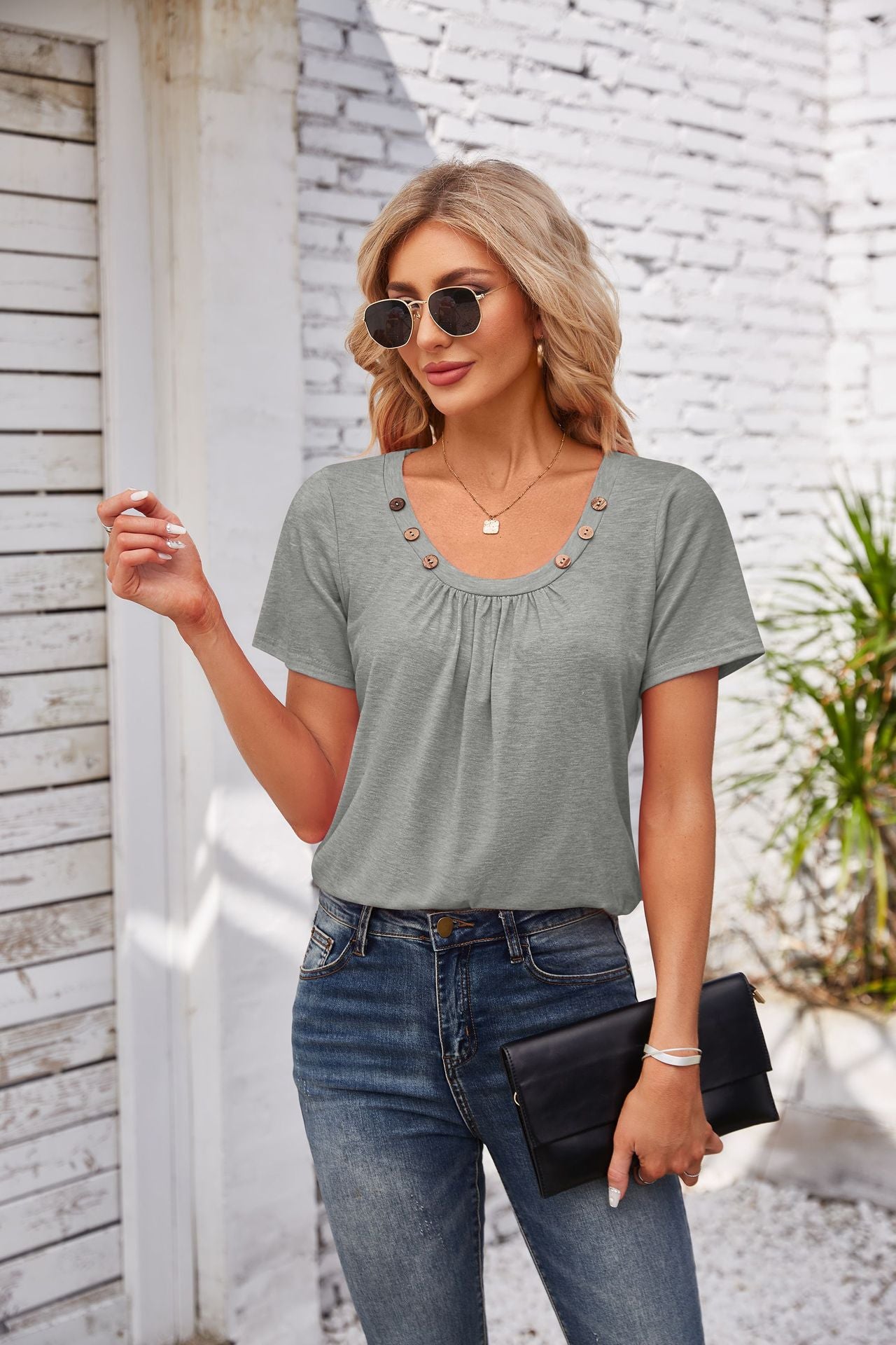 Women's Short-sleeved T-shirt Summer Button Square Collar Pleated Design Solid Color Loose T-shirt Womens Clothing - globaltradeleader