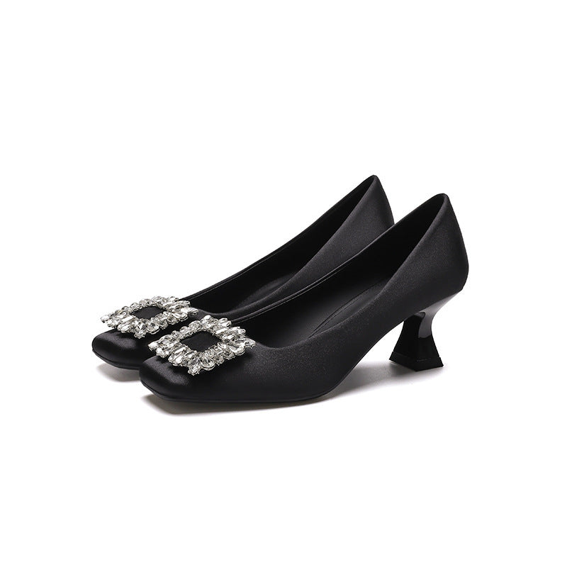 Square Toe Stiletto Heel Low-cut Rhinestone Square Buckle Classy Shoes - globaltradeleader