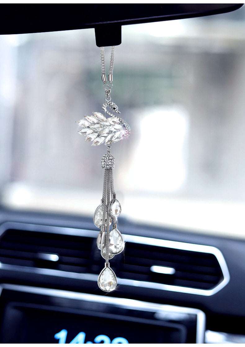 Car Rearview Mirror Crystal Swan Pendant Creative