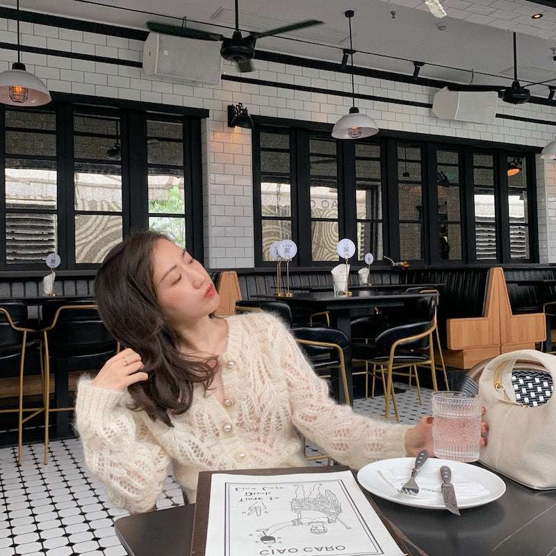 Women's White Hollow Knitted Open Sweater Coat