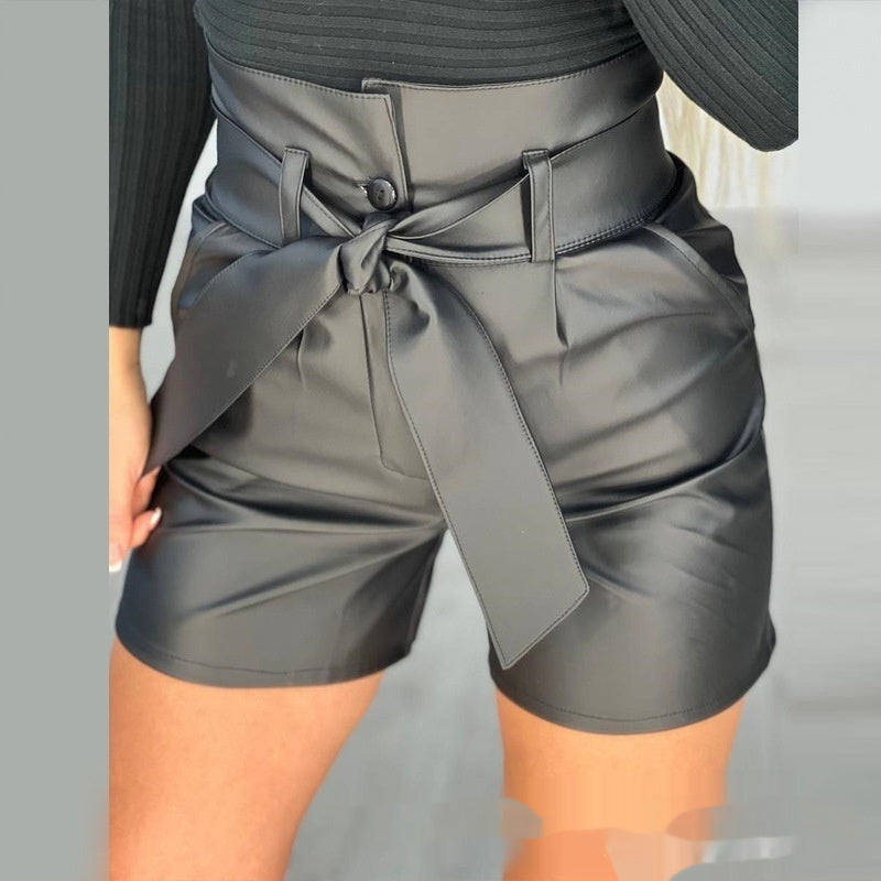 High Waist Black Strap Slim Fit Pu Shorts Belted - globaltradeleader