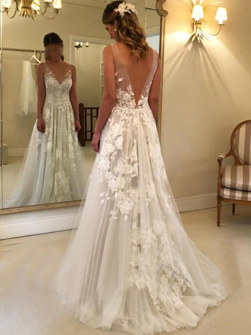 Double-shoulder Deep V-neck Slim-fit Lace Wrapped Shoulder Tail Wedding Dress - globaltradeleader