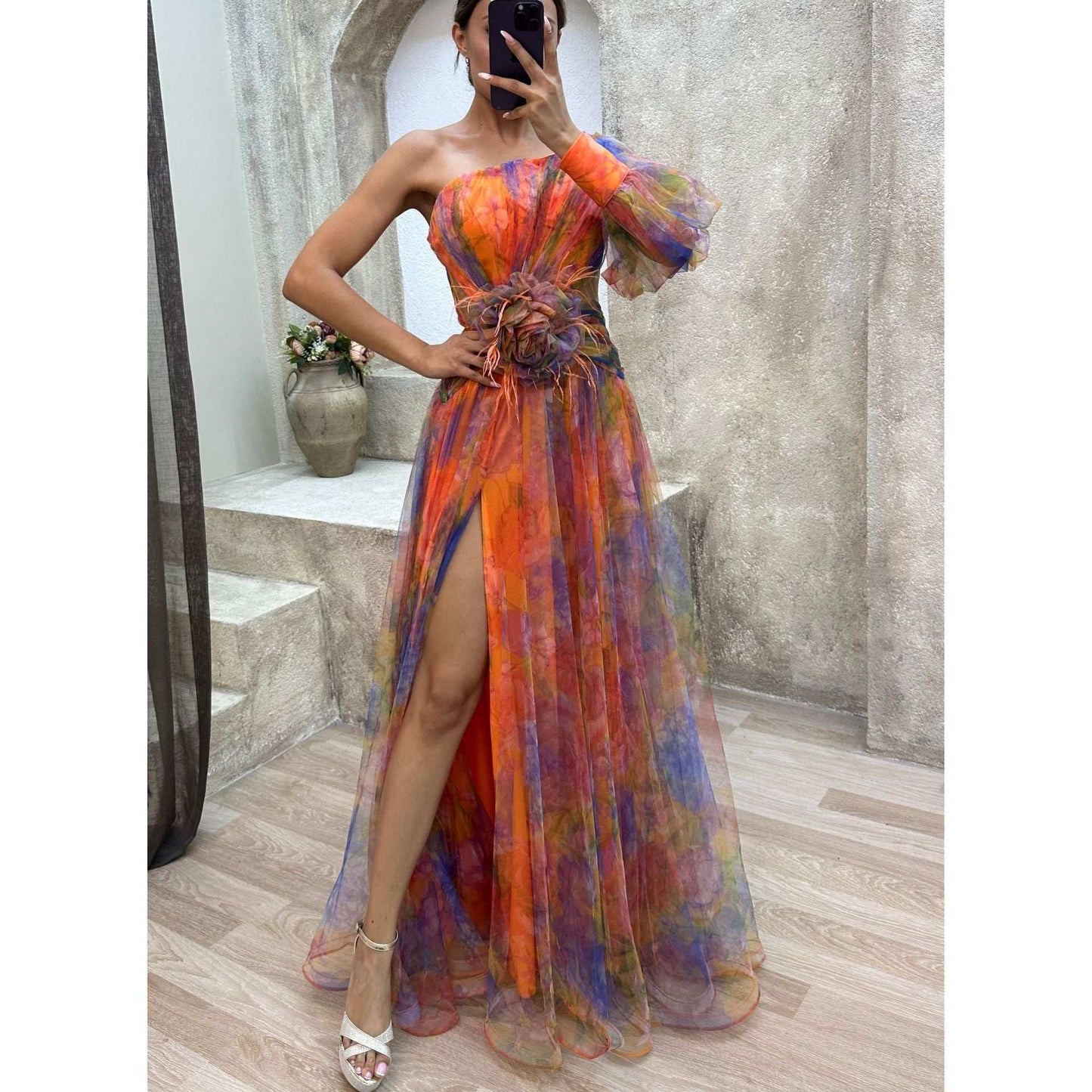 Mesh Tie-dye Printed Off-shoulder Slit Dress Summer INS Fashion Long Dress Party Womens Clothing - globaltradeleader