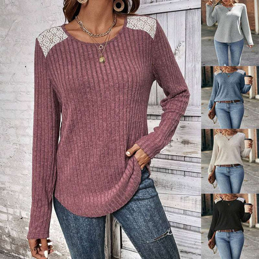 Women's Fashionable Round Neck Sunken Stripe Brushed Lace Long-sleeved Top - globaltradeleader