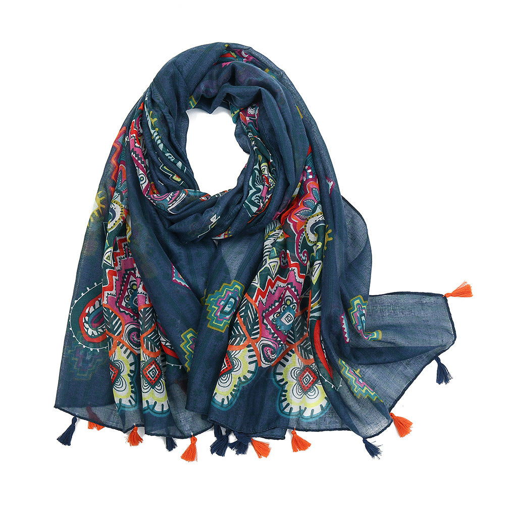 New Voile Tassel Retro Printed Geometric Versatile Fashion Travel Sun Protection Shawl Scarf