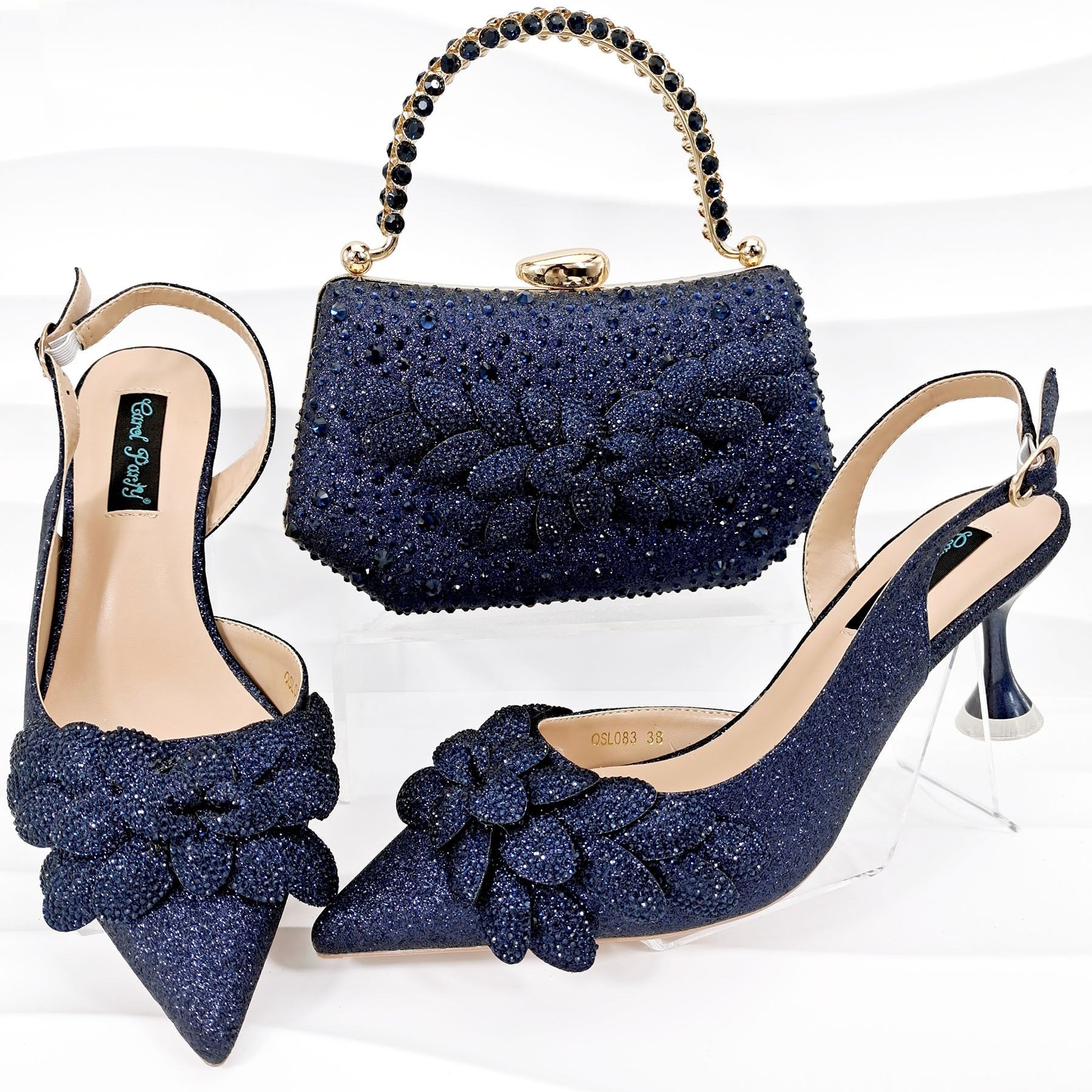 Cross-border Ladies Party Shoes Bag Set Handmade Leaf Decorative Wine Glass Heel - globaltradeleader