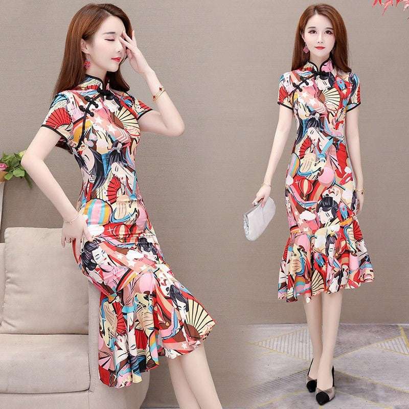 Women's Printed Graffiti Cheongsam Dress