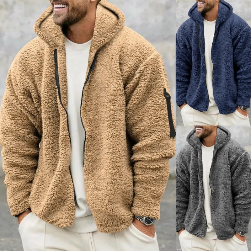 Plush Hooded Jacket Men's Autumn And Winter Fleece Double-sided Wear Warm Coat With Zipper Loose Casual Jacket Outdoor Clothing - globaltradeleader