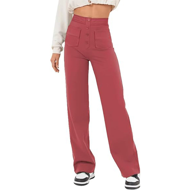 High Waist Trousers With Pockets Casual Loose Wide Leg Button Straight Pants Women's Clothing - globaltradeleader