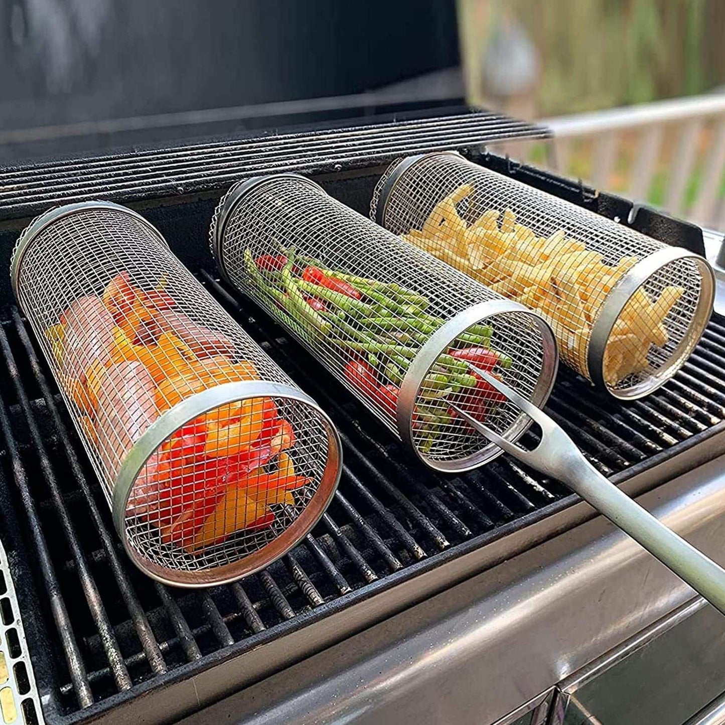 Rolling Grilling Basket Metal BBQ Barbecue Basket Net Portable Outdoor Camping Barbecue Rack Kitchen Gadgets - globaltradeleader