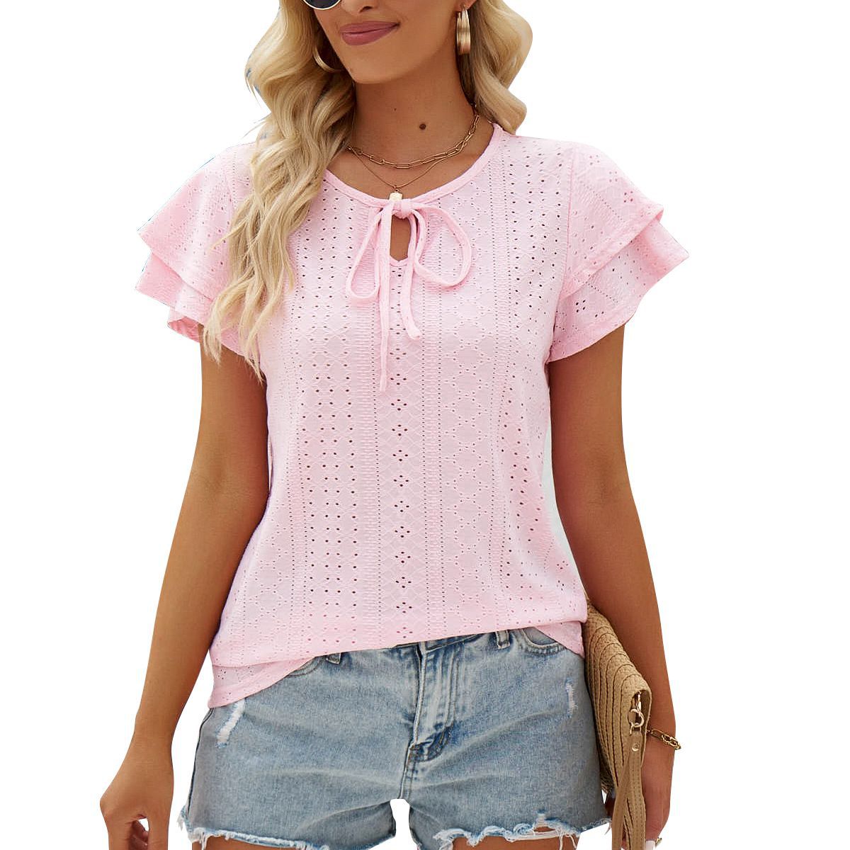 Women's Hole Hollow-out Lace-up Double-layer Sleeve Top - globaltradeleader