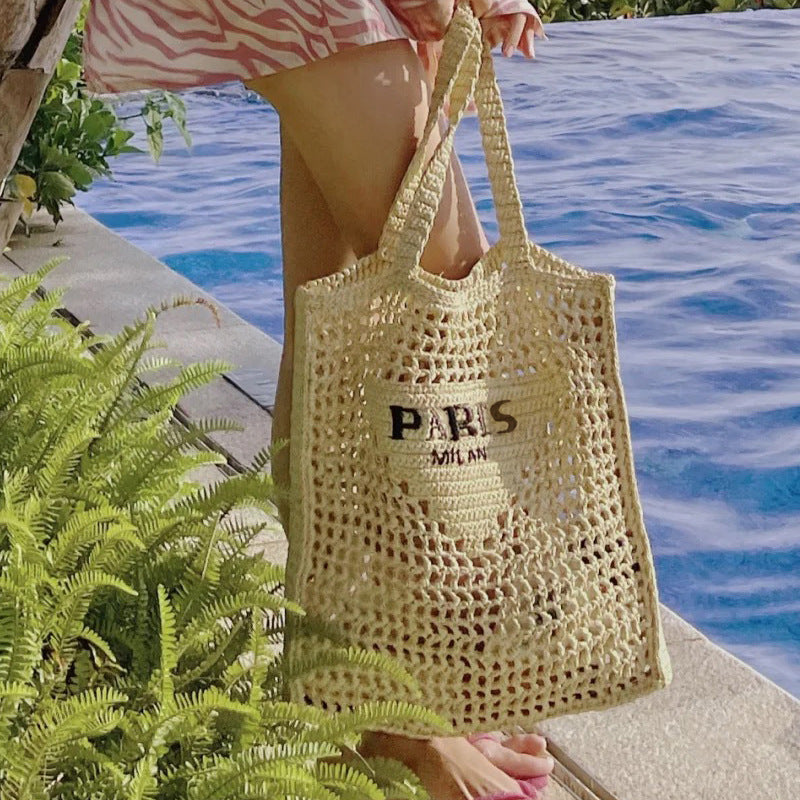 2022 Designer Brands Hollow Letters Raffia Straw Tote Fashion Paper Woven Women Shoulder Bags Summer Beach Handbag Luxury Bag