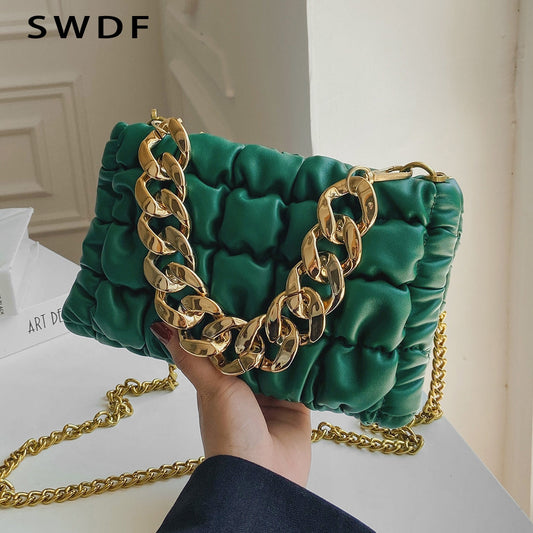 2022 New Chain Small Clutch PU Leather Crossbody Shoulder Sling Bag For Women Winter Fashion BRAND Handbags And Purses Green