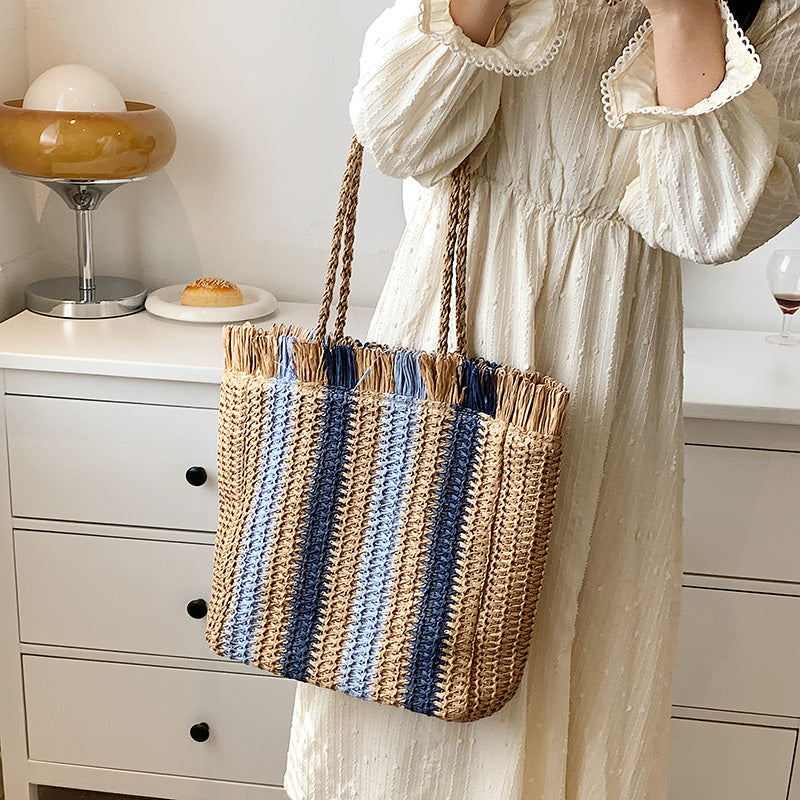 2022 New Zipper Big Straw Shoulder Bag Summer Handmade Handbag Women Casual Beach Rattan Handbag Fashion Woven Bags Female