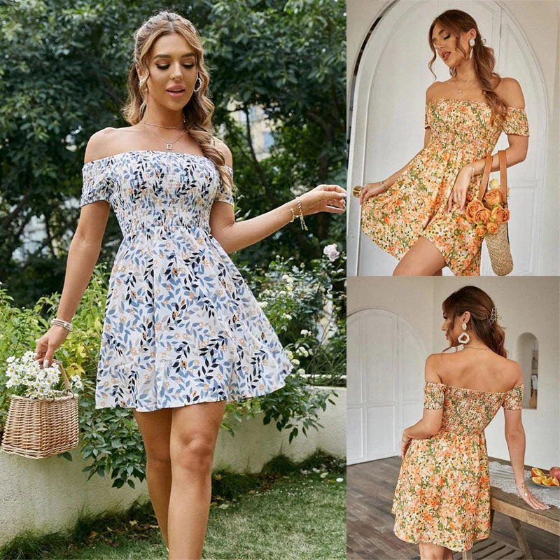 2022 Summer New Cross-border Wish European And American Women's Clothing Floral One-word Collar Elegant Holiday Dress - globaltradeleader