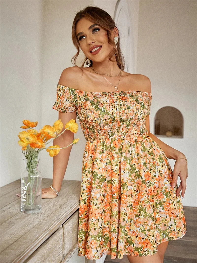 2022 Summer New Cross-border Wish European And American Women's Clothing Floral One-word Collar Elegant Holiday Dress - globaltradeleader