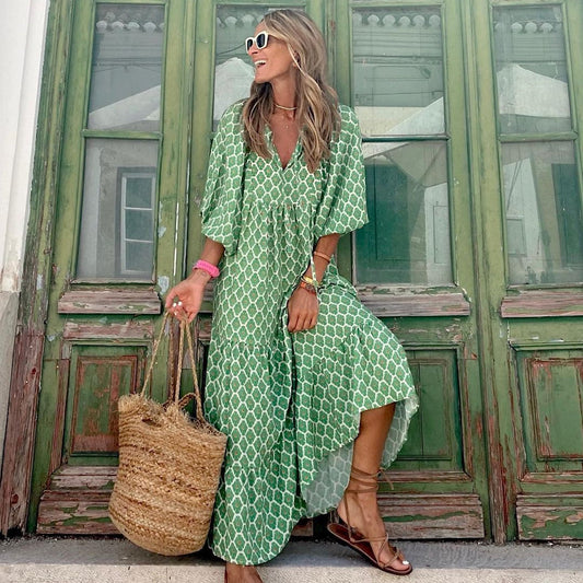 2022 Summer Women's Vintage Printed Bohemian Dress Elegant Ladies Casual Loose V-Neck Half Sleeve Maxi Dresses