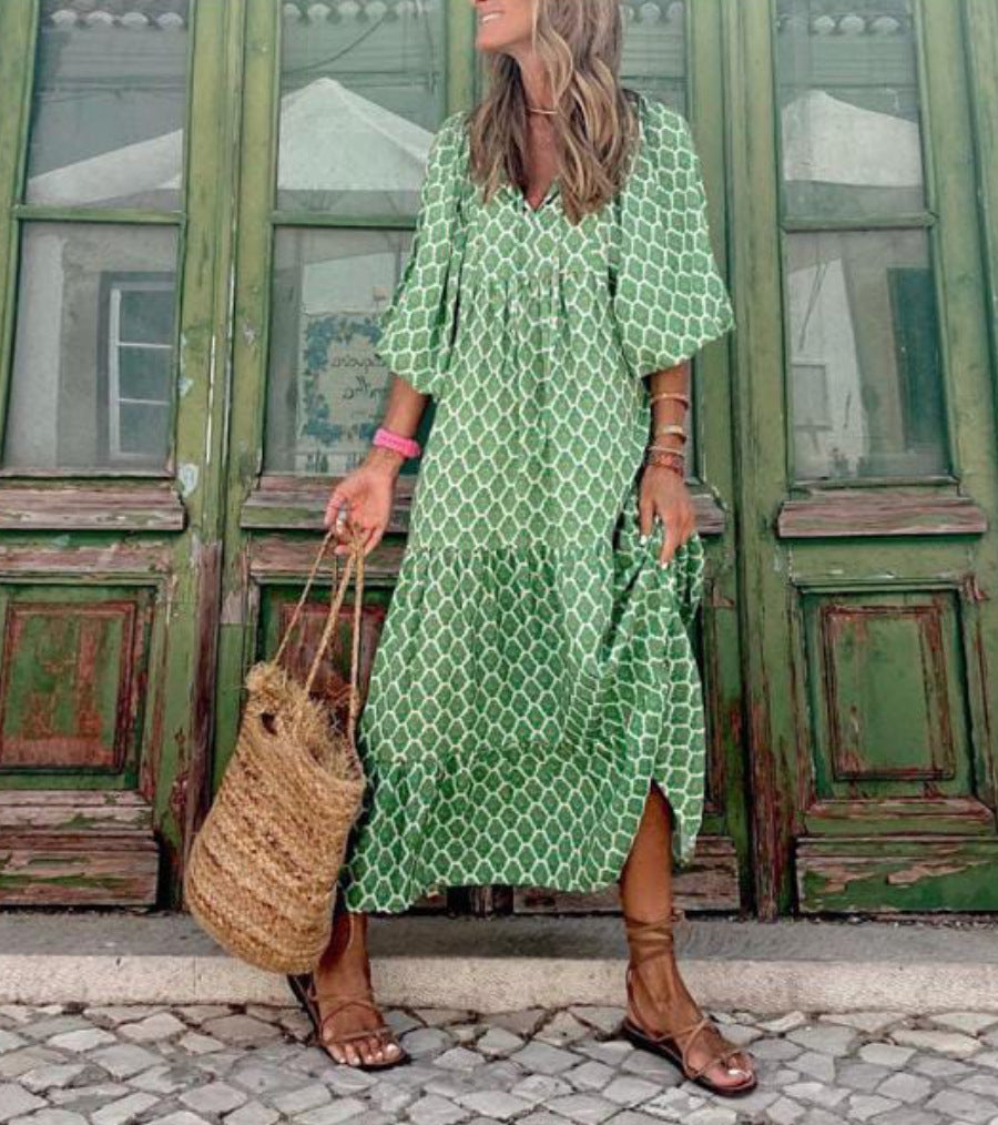 2022 Summer Women's Vintage Printed Bohemian Dress Elegant Ladies Casual Loose V-Neck Half Sleeve Maxi Dresses