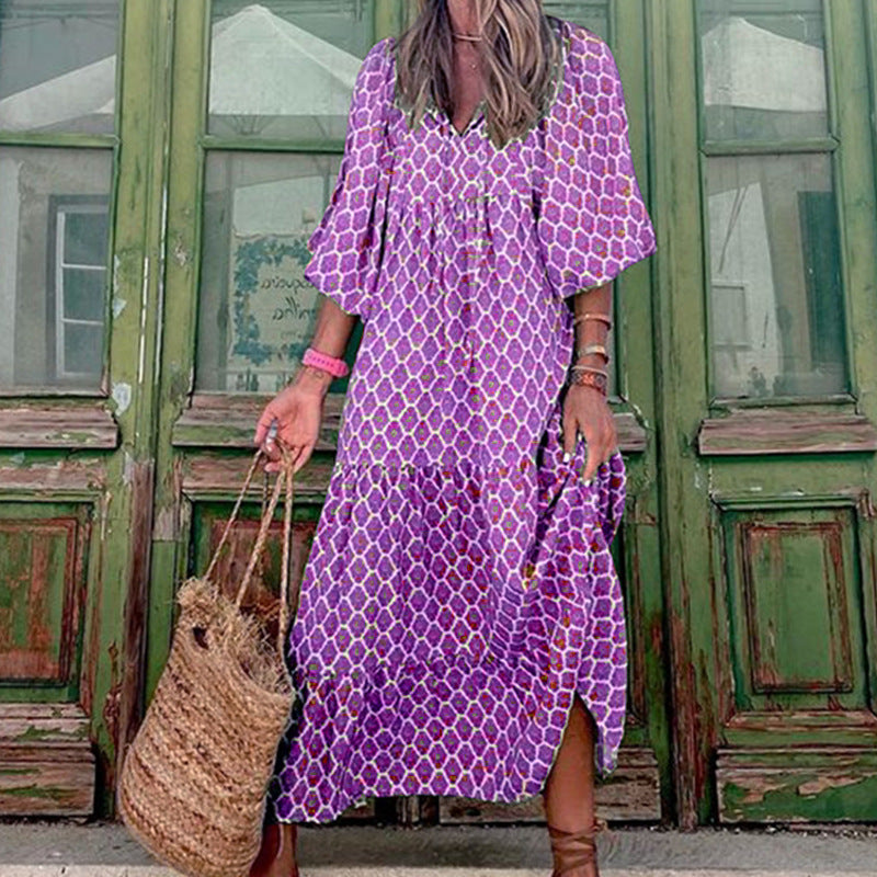 2022 Summer Women's Vintage Printed Bohemian Dress Elegant Ladies Casual Loose V-Neck Half Sleeve Maxi Dresses