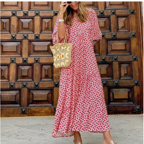 2022 Summer Women's Vintage Printed Bohemian Dress Elegant Ladies Casual Loose V-Neck Half Sleeve Maxi Dresses