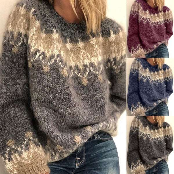 Women's Autumn And Winter Casual Loose Mauhair Coarse Knitted Jacquard Women's Sweater