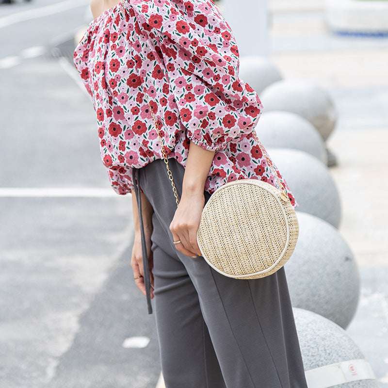 Ladies One Shoulder Straw Small Round Bag