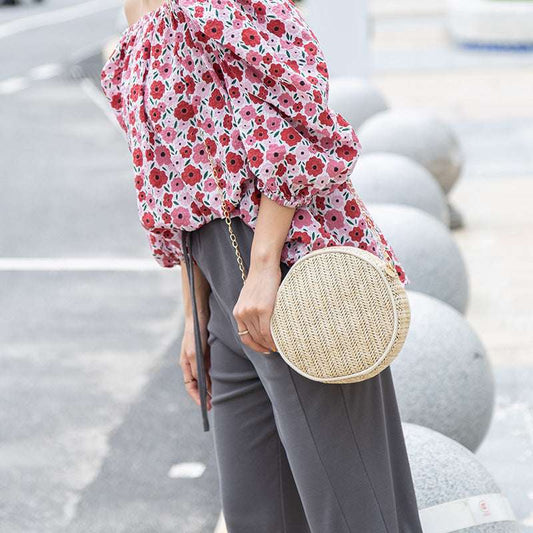 Ladies One Shoulder Straw Small Round Bag