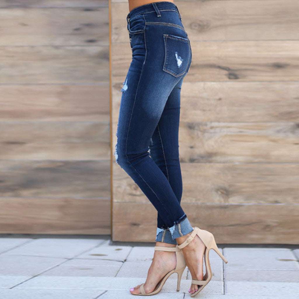 Pin buckle slim fit jeans - globaltradeleader