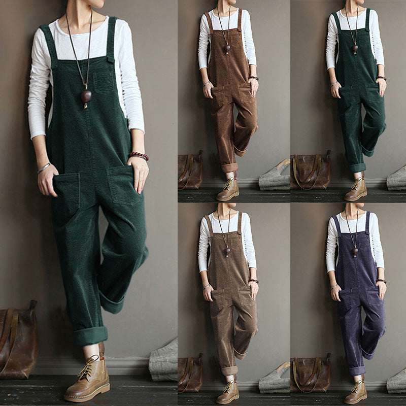 Wish Corduroy Popular Solid Color Casual Long Suspender Pants