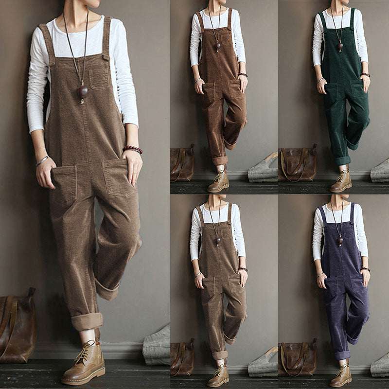 Wish Corduroy Popular Solid Color Casual Long Suspender Pants