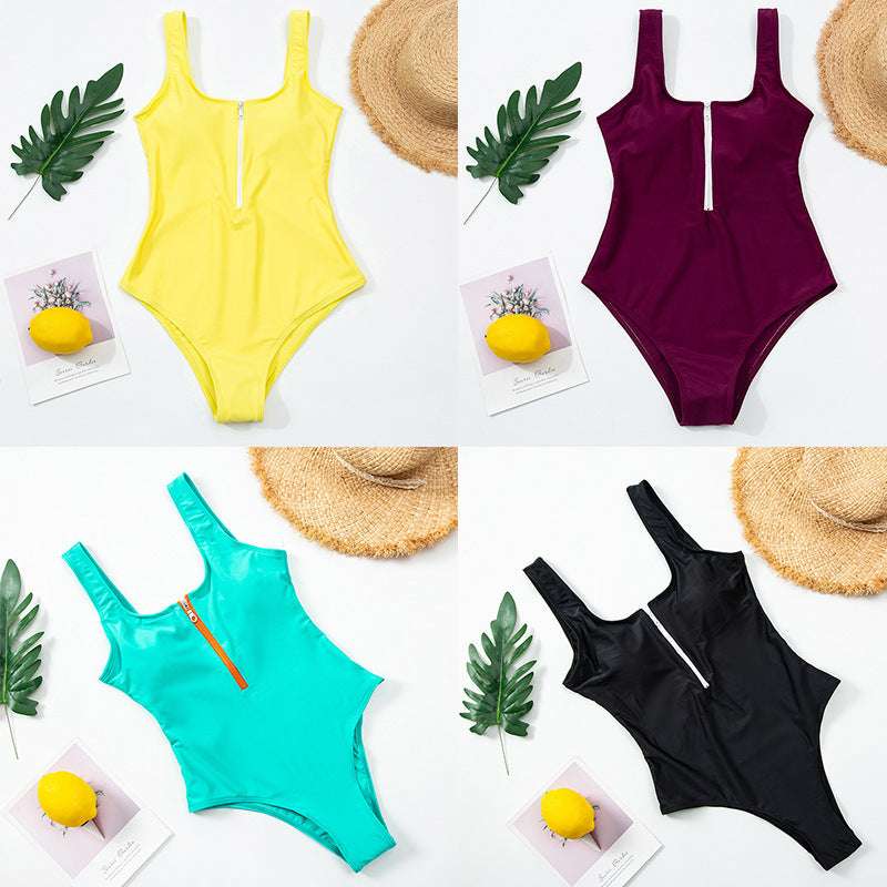 Ladies zipper sexy one-piece printed swimsuit women swimwear - globaltradeleader