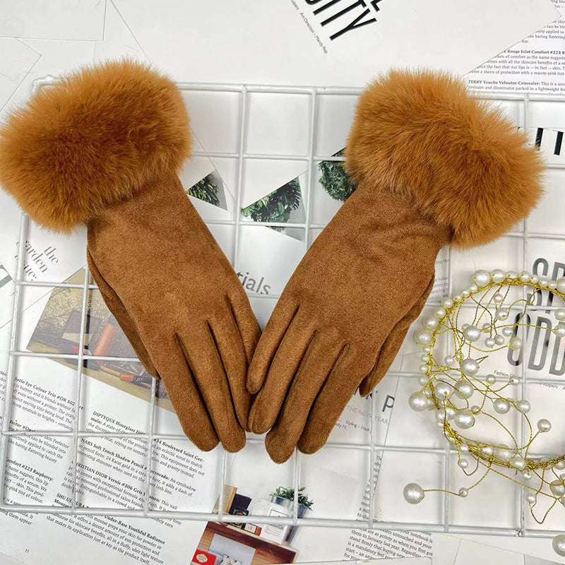 Warm Women's Fur Mouth Winter Riding Fleece-lined Finger Gloves Battery Car Thickened - globaltradeleader