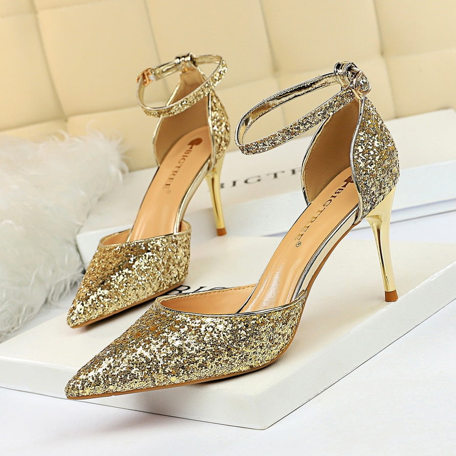 European and American style stiletto high-heeled shallow mouth pointed toe hollow sequin sexy nightclub slimming word with female sandals - globaltradeleader