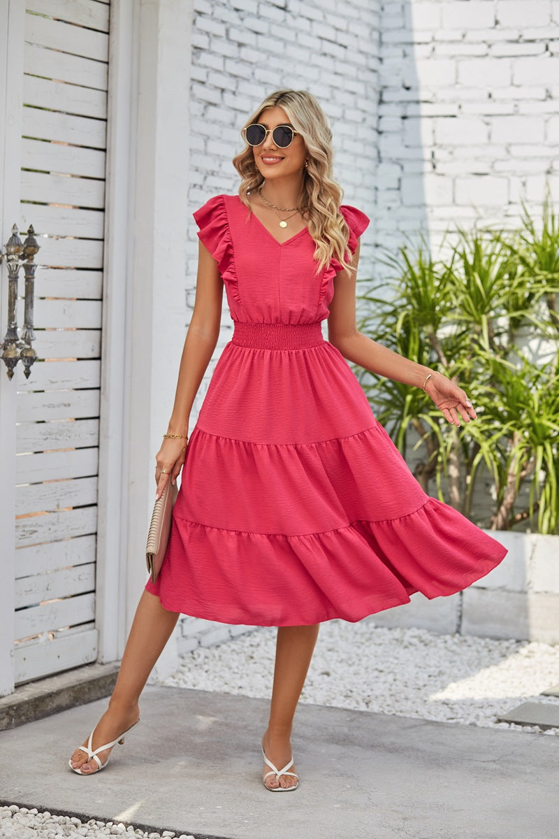 New Ruffled Sleeveless V-Neck Dress Summer Fashion Elastic Waist A-Line Dresses For Womens Clothing - globaltradeleader